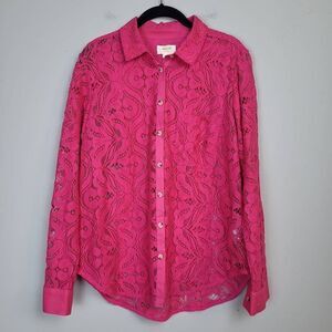 Maeve Womens Lace Tunic Top Pink Size 12 Roll Tab Sleeves Cutouts Button Down